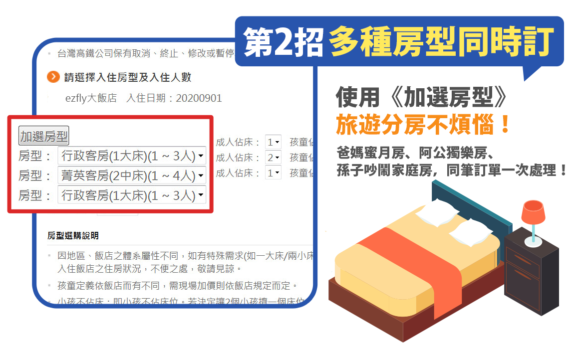 第二招 使用加選房型,旅遊分房不煩惱,同筆訂單一次處理